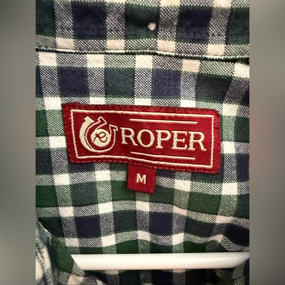 Roper Button Down Shirt Mens SZ M Green Navy Gingham Plaid Collared Long Sleeve - Picture 2 of 8